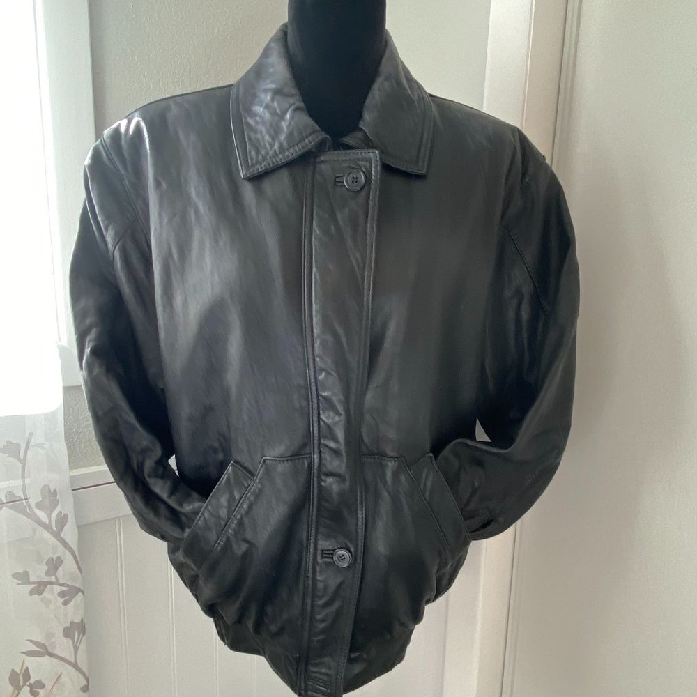 Genuine Black Leather Bomber Style Jacket - M